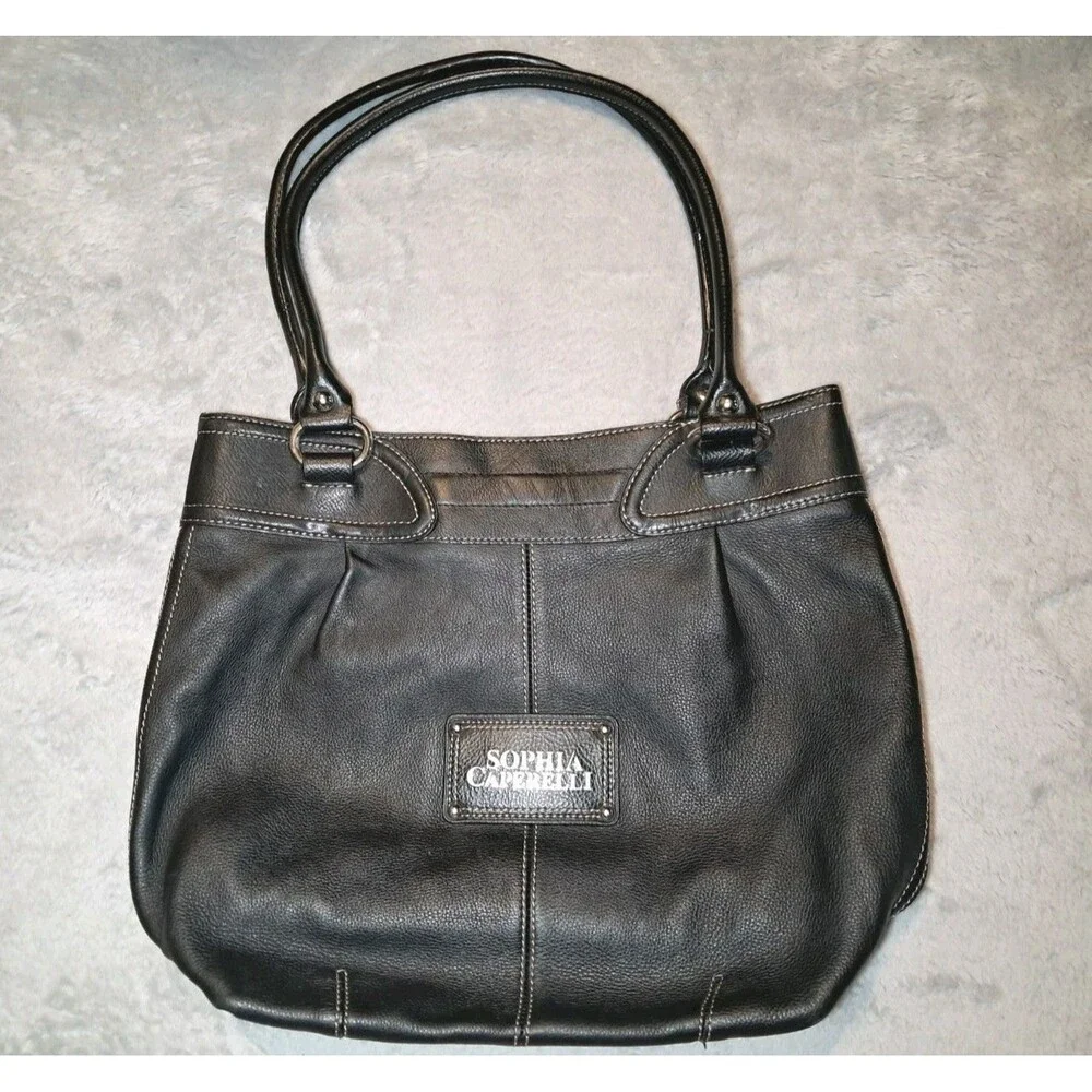 Sophia Caperelli Black Genuine Leather Purse Handbag Tote Stitching Pockets